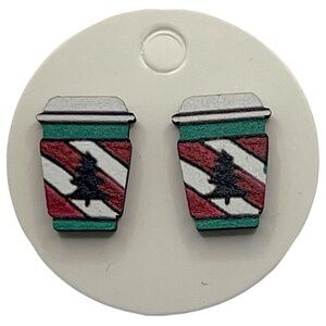 Mini Winter Christmas Coffee Latte Wood Stud Earrings